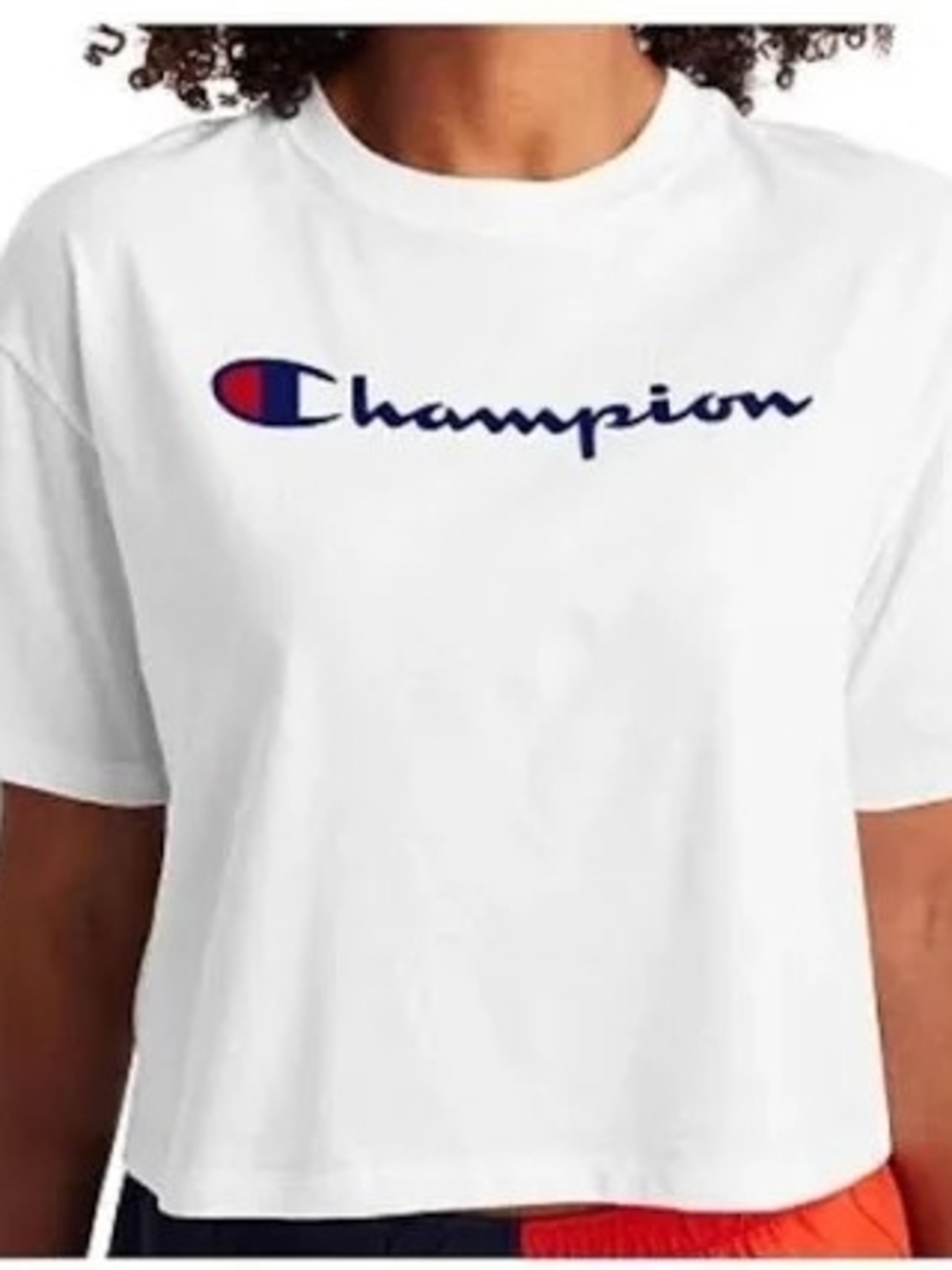 Champion White Cropped Script Logo Tee with Blue Accent
